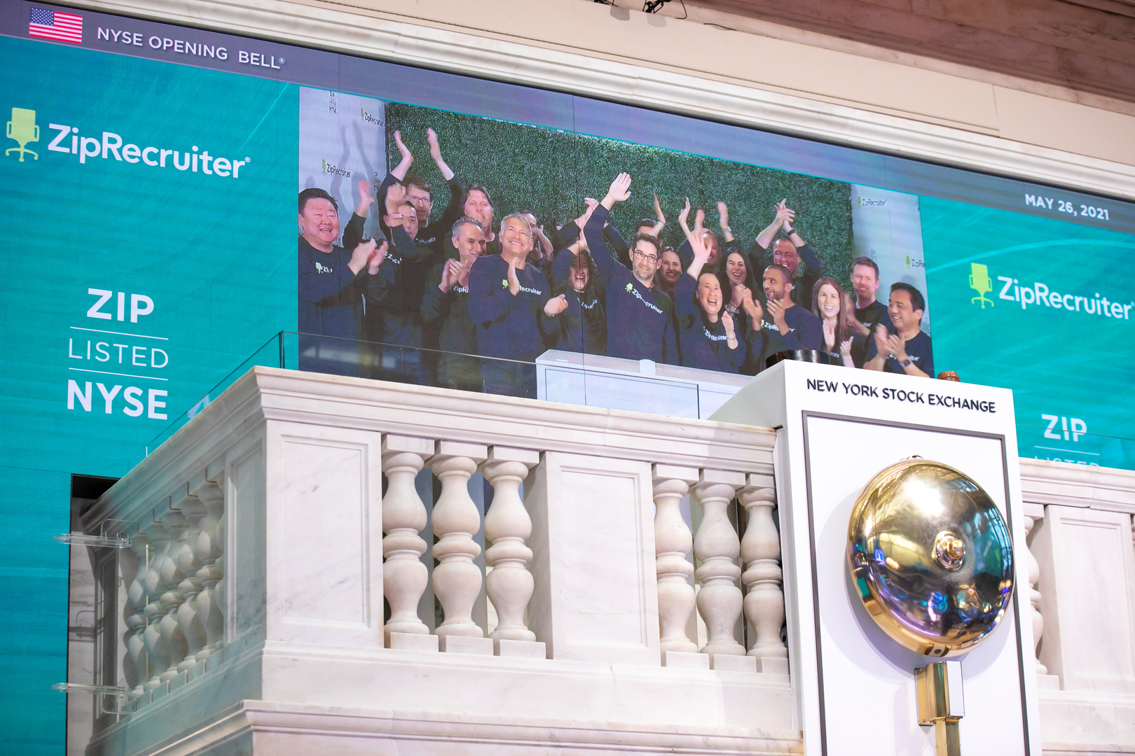ZipRecruiter employees getting virtually ringing the bell at the New York Stock Exchange.